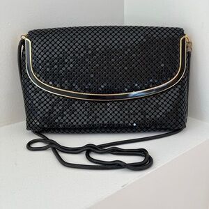 VINTAGE Evening Shoulder Bag Black Shiny Mesh Chain Strap Made Hong Kong 80's